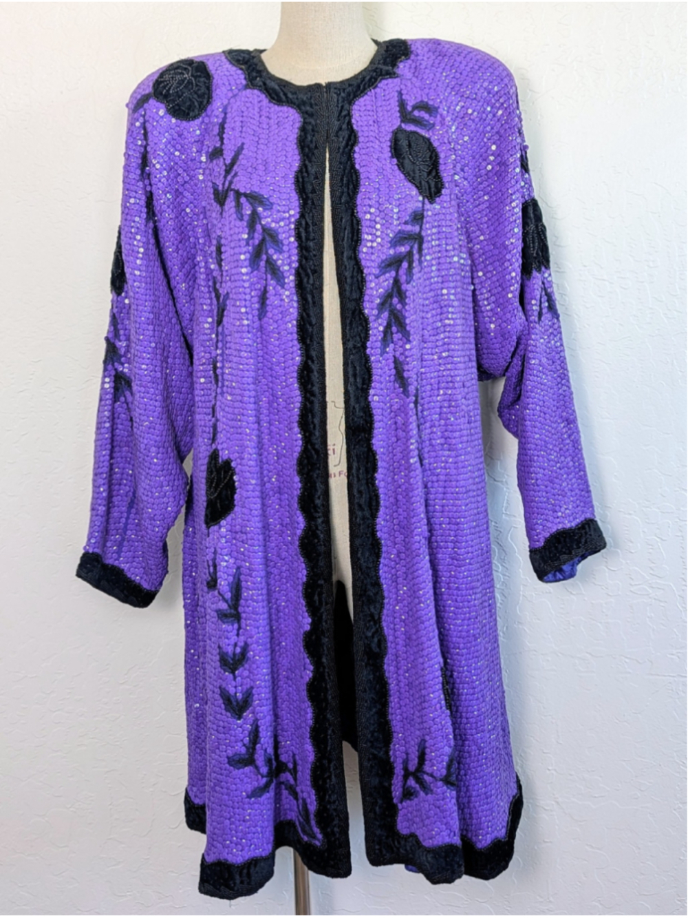 Vintage Purple Sequin Silk Dolman Jacket Black Velvet Beaded Trophy Duster Glam